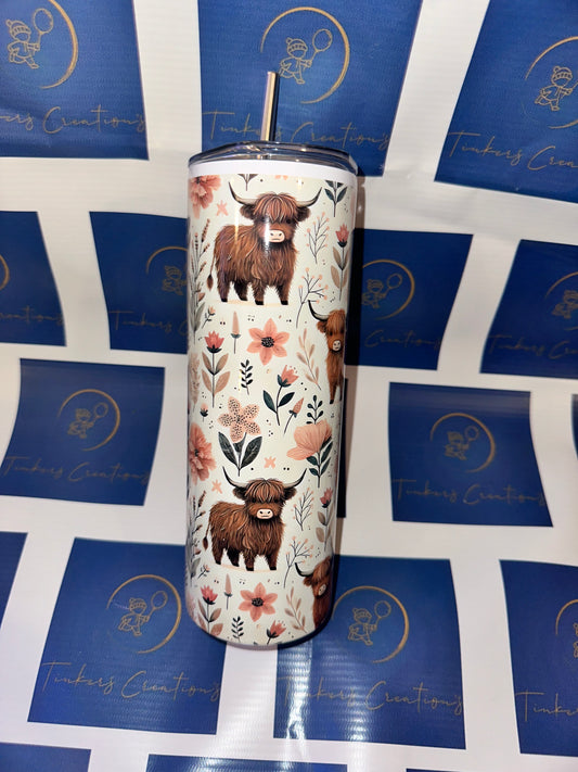 Floral Highland Cow Tumbler